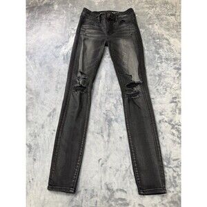 American Eagle Jegging Womens 0 Reg Black AEO Denim Super Stretch Distressed